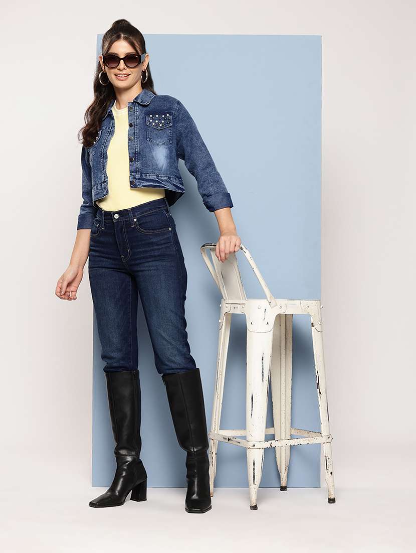 women collared long sleeves crop denim jacket - 21673098 - Standard Image - 3