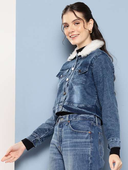 women collared long sleeves crop denim jacket - 21673106 -  Standard Image - 0