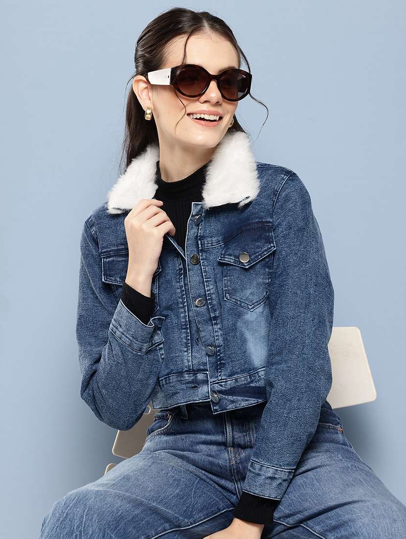 women collared long sleeves crop denim jacket - 21673106 -  Standard Image - 3