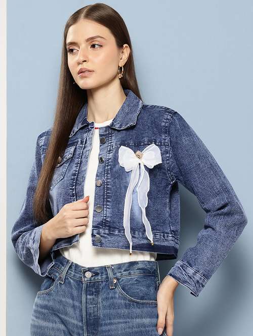 women collared long sleeves crop denim jacket - 21673108 - Standard Image - 0