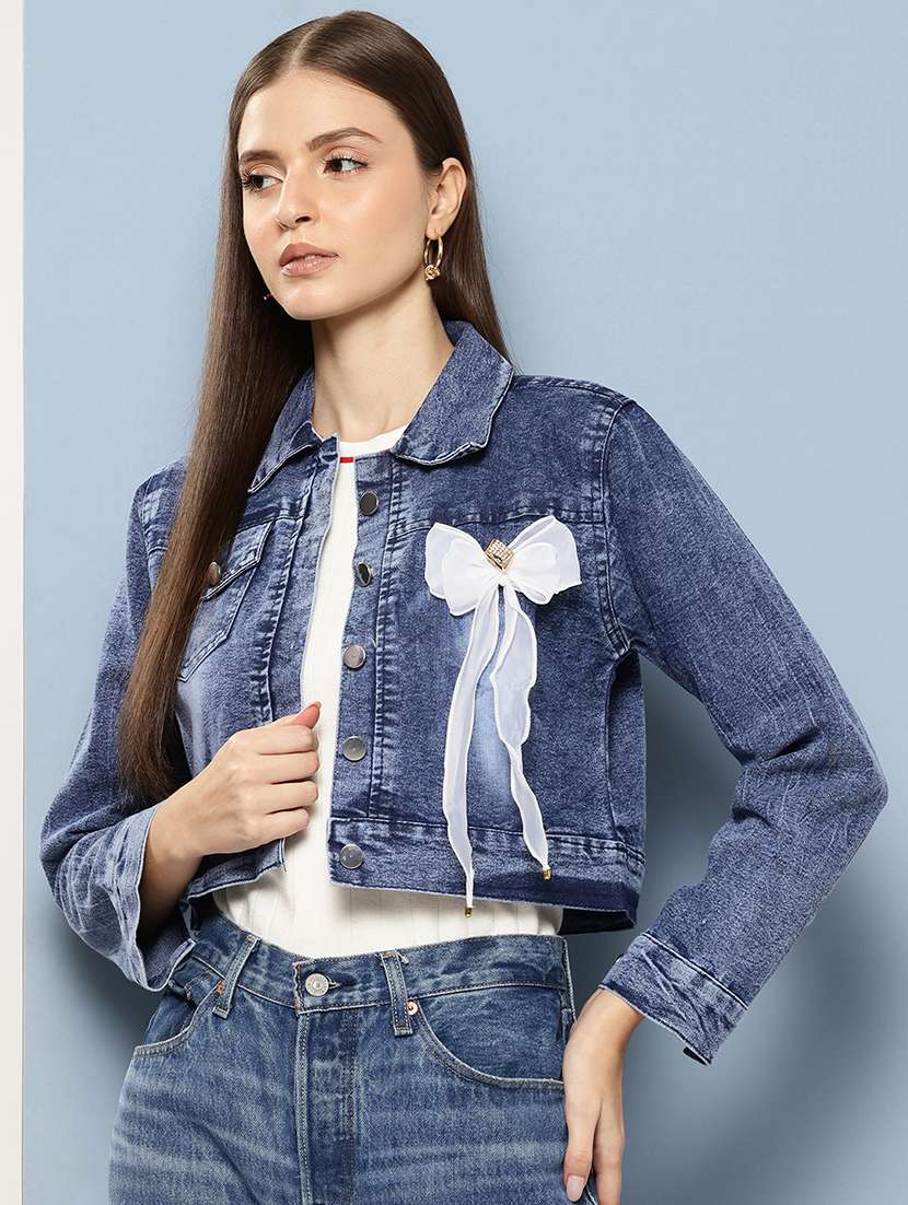 women collared long sleeves crop denim jacket - 21673108 - Zoom Image - 0