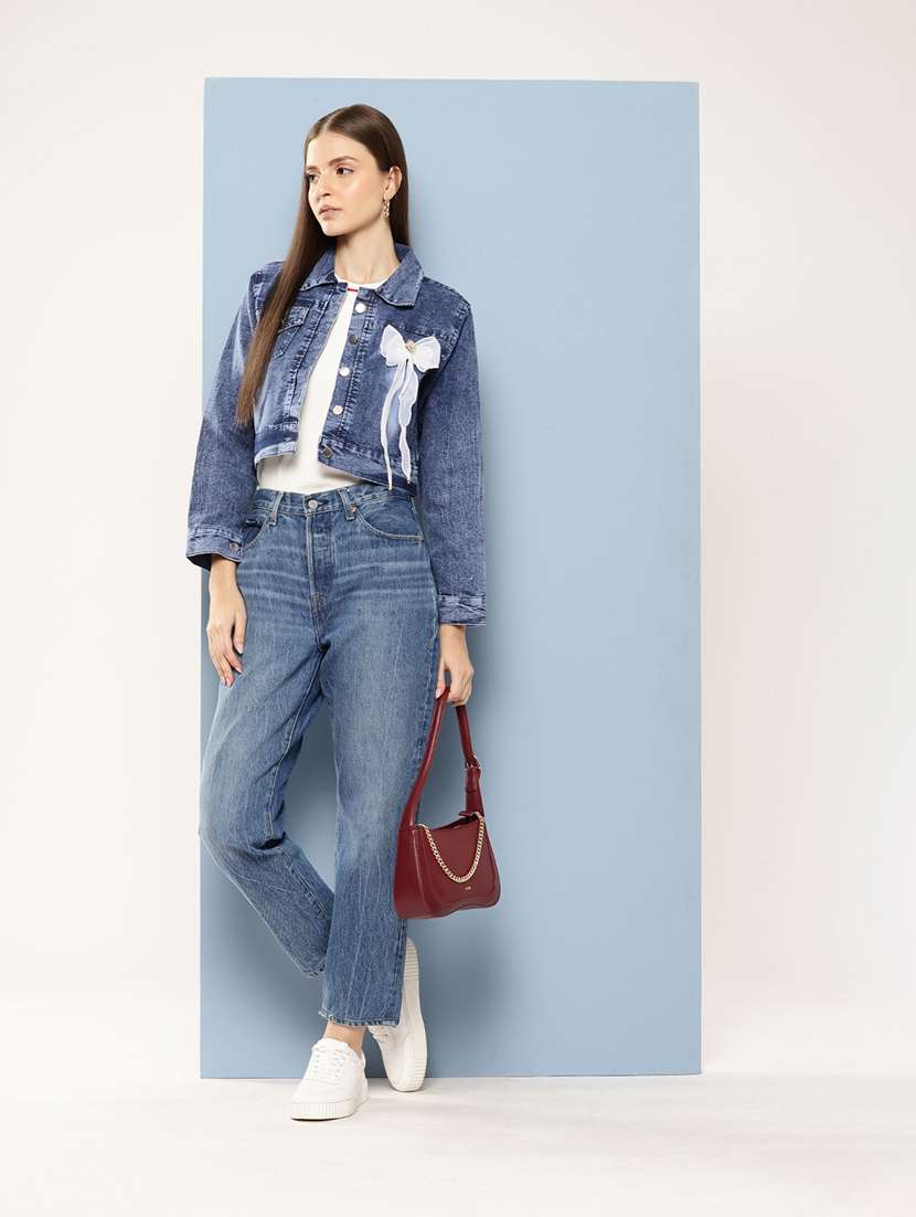 women collared long sleeves crop denim jacket - 21673108 - Standard Image - 3