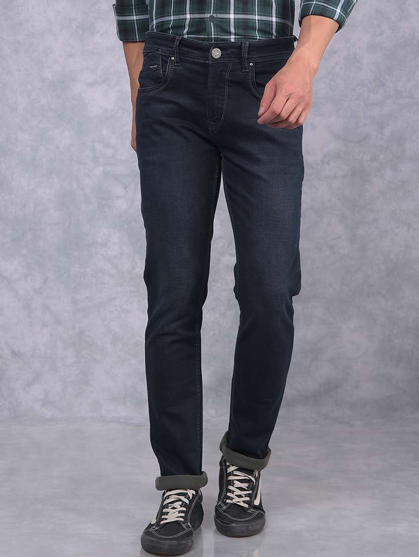 men washed mid rise jeans