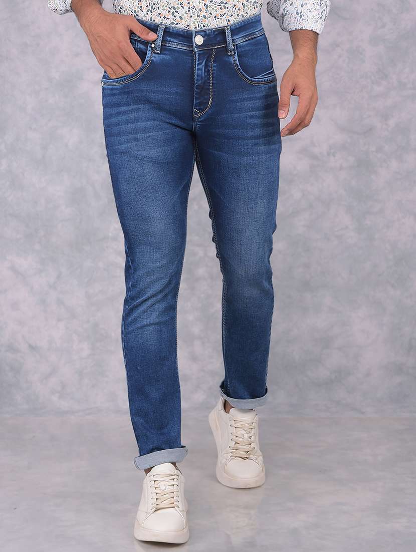men washed mid rise jeans