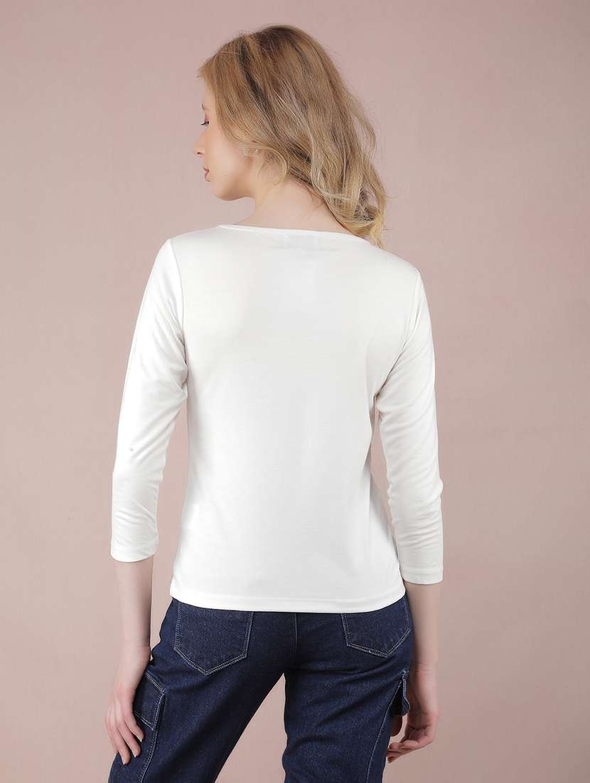 women solid boat neck three quarter sleeves t-shirt - 21673412 -  Standard Image - 3