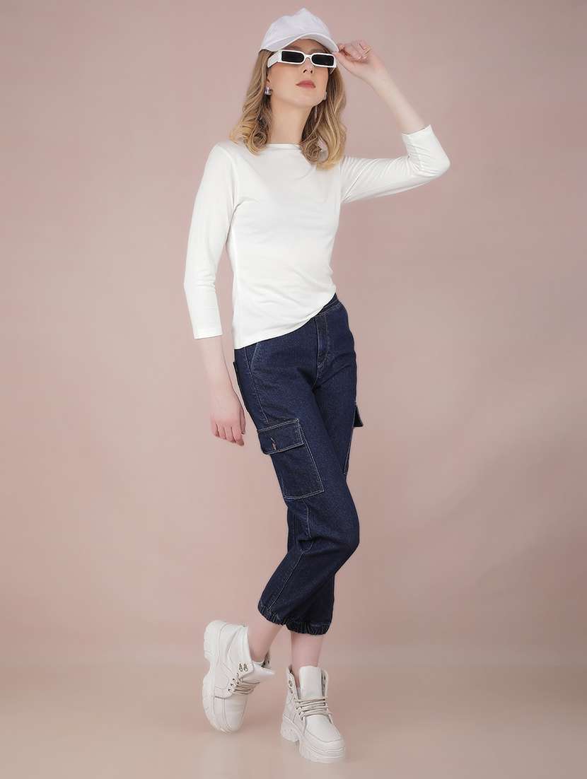 women solid boat neck three quarter sleeves t-shirt - 21673412 -  Standard Image - 5