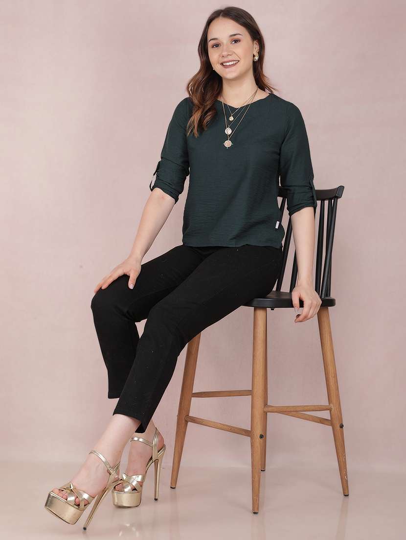 women solid roll up sleeves regular top - 21673414 - Standard Image - 3