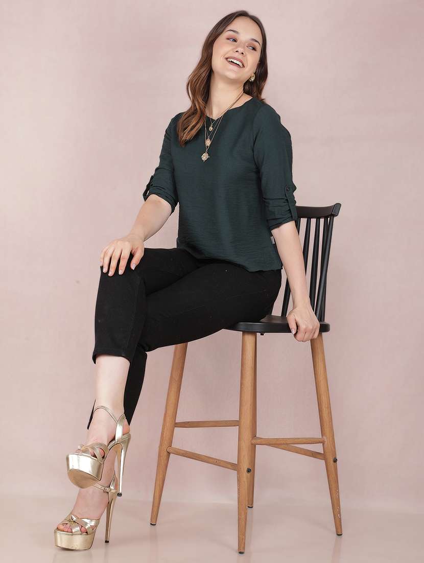 women solid roll up sleeves regular top - 21673414 - Standard Image - 5