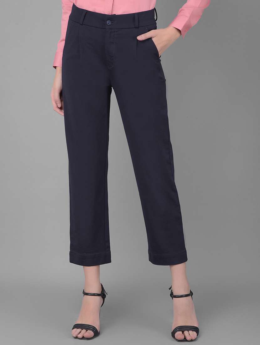 women solid mid rise tailored pants