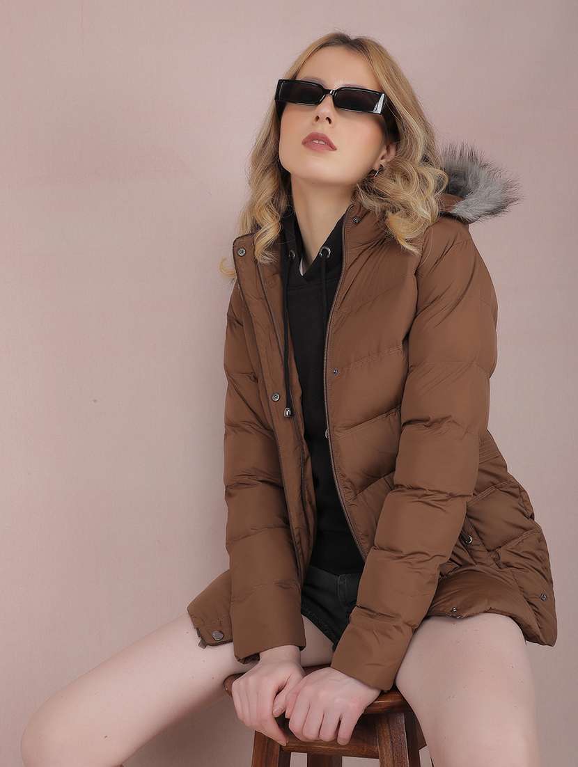 women brown solid long sleeve quilted jacket - 21673435 -  Standard Image - 3