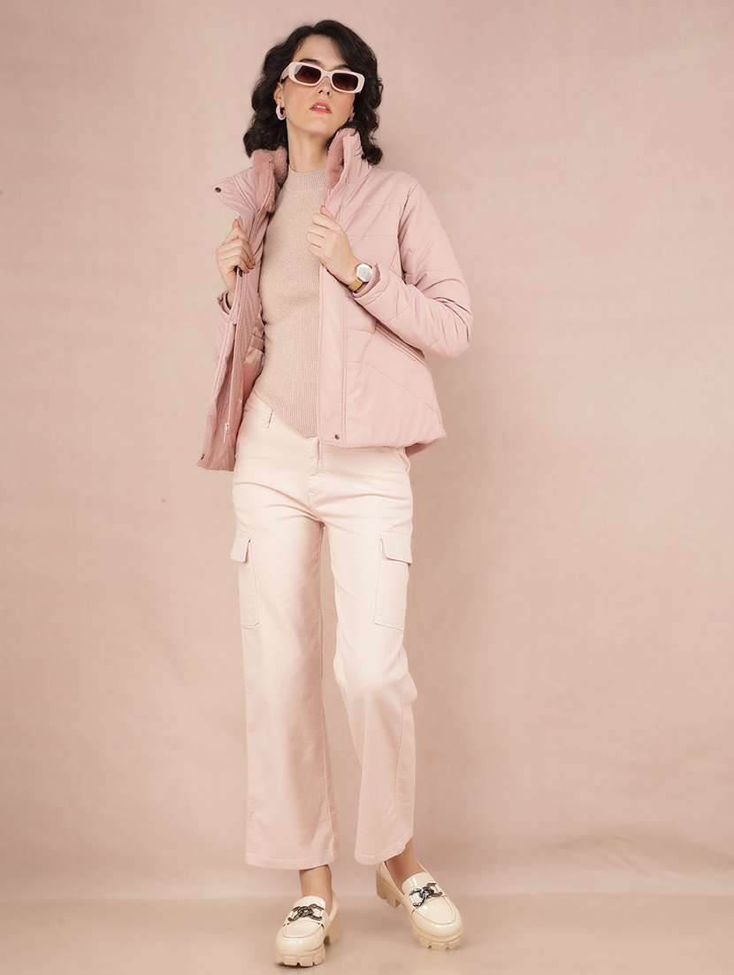 women pink solid long sleeve quilted jacket - 21673438 - Standard Image - 5