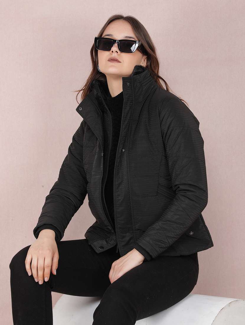 women black solid long sleeve quilted jacket - 21673439 - Standard Image - 3