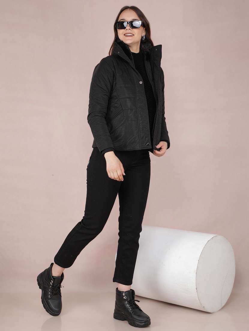 women black solid long sleeve quilted jacket - 21673439 - Standard Image - 5