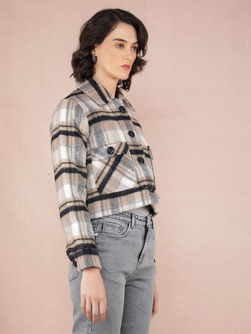 women multi color checks long sleeve shacket - 21673440 -  Zoom Image - 0