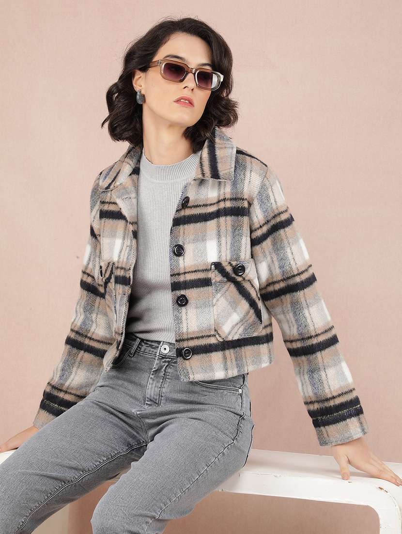 women multi color checks long sleeve shacket - 21673440 - Standard Image - 3