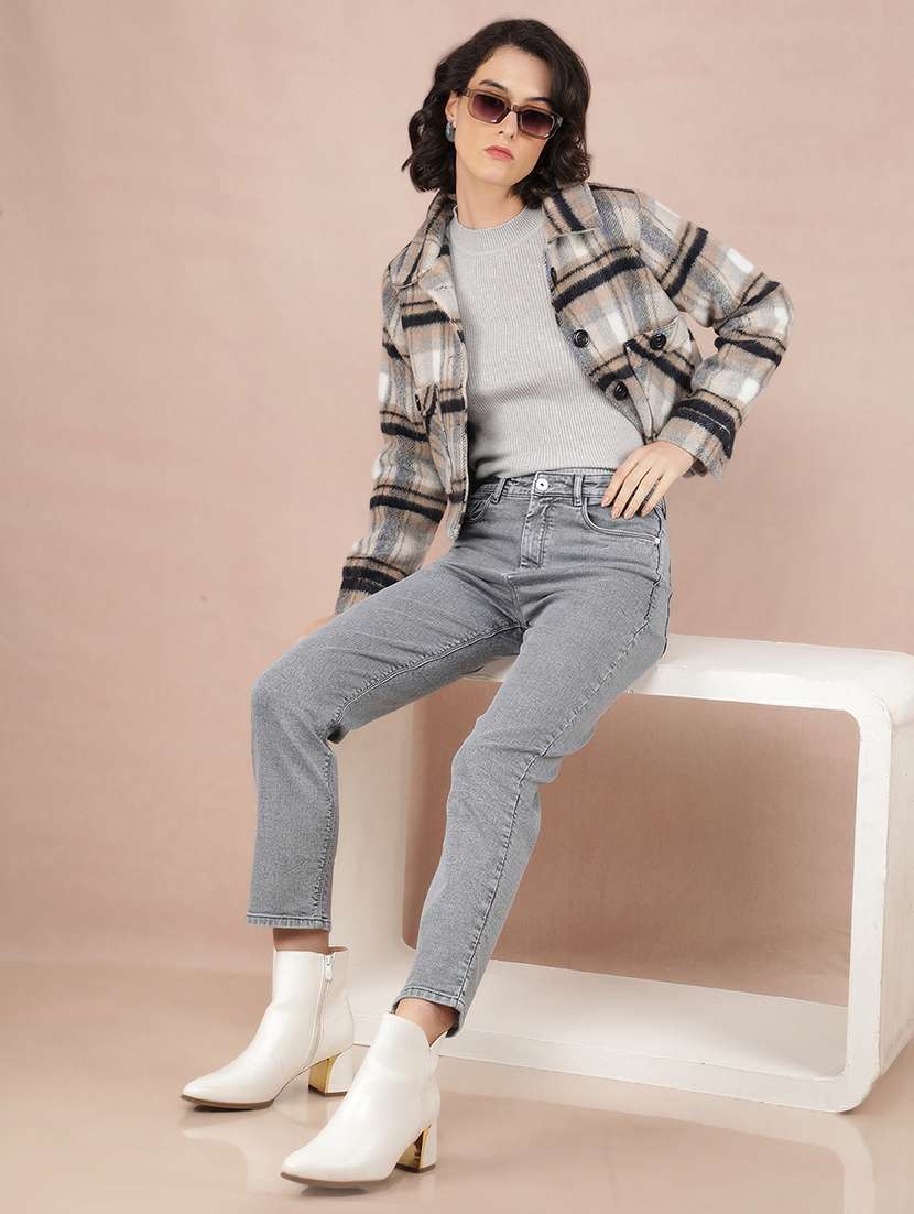 women multi color checks long sleeve shacket - 21673440 - Standard Image - 5