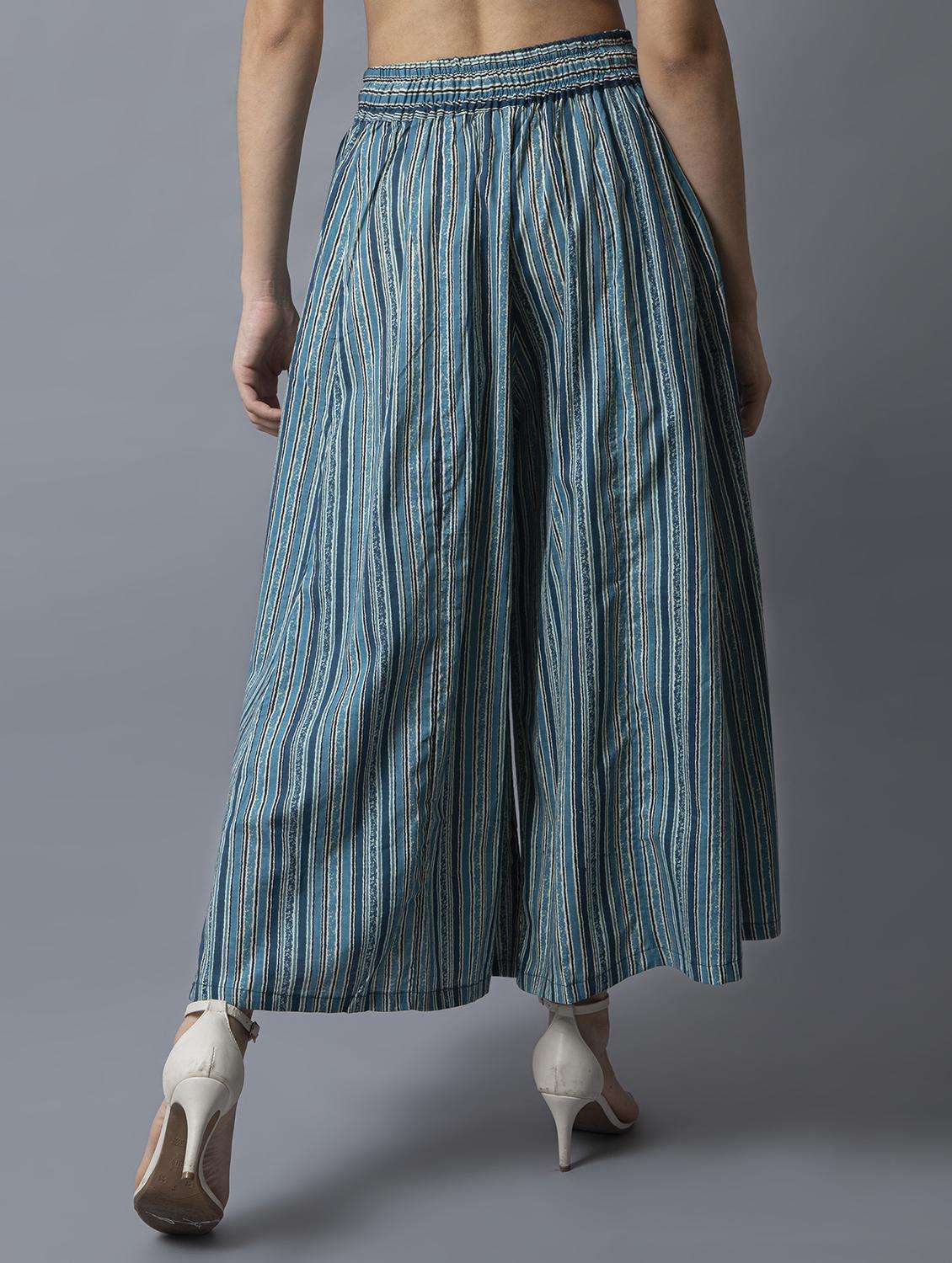 women teal stripes printed flared palazzo  - 21674051 -  Standard Image - 3