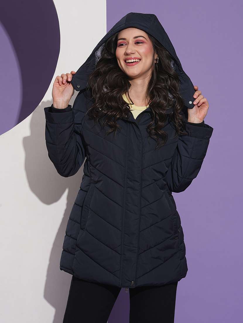 globus women navy blue mock neck front pockets winter wear insulator puffer jacket with detachable hood - 21674612 -  Zoom Image - 0