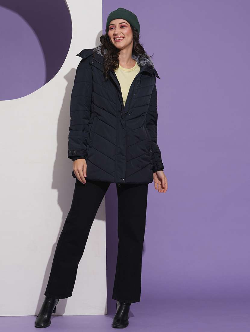 globus women navy blue mock neck front pockets winter wear insulator puffer jacket with detachable hood - 21674612 - Standard Image - 3