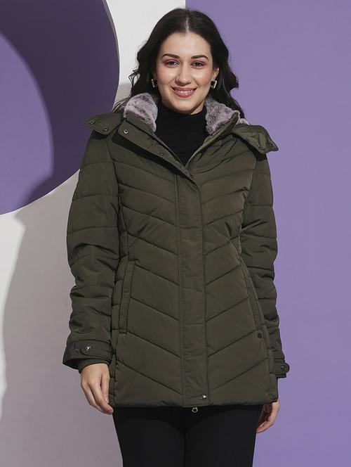 globus women olive mock neck front pockets winter wear insulator puffer jacket with detachable hood - 21674613 -  Standard Image - 0
