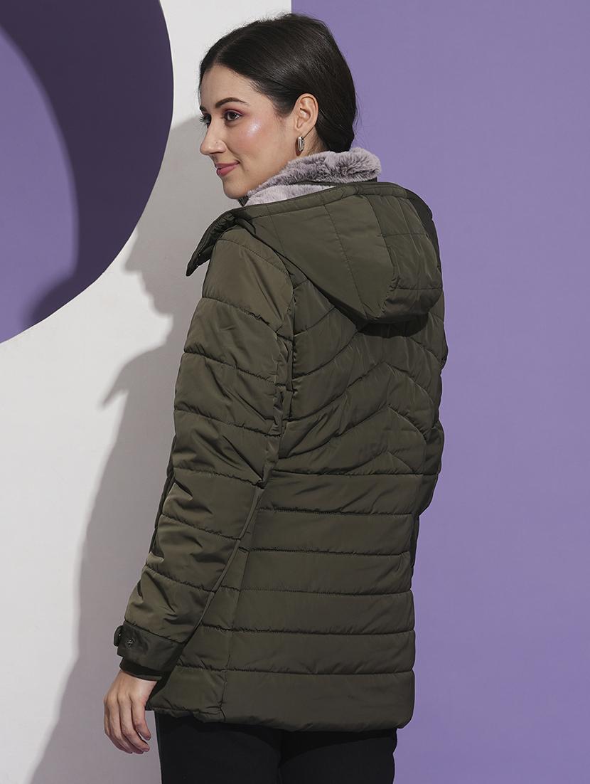 globus women olive mock neck front pockets winter wear insulator puffer jacket with detachable hood - 21674613 - Standard Image - 3