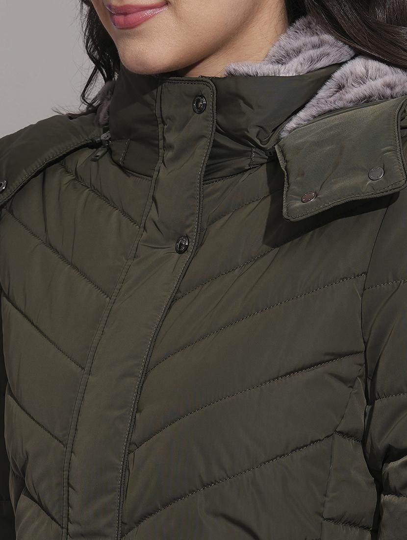 globus women olive mock neck front pockets winter wear insulator puffer jacket with detachable hood - 21674613 - Standard Image - 5