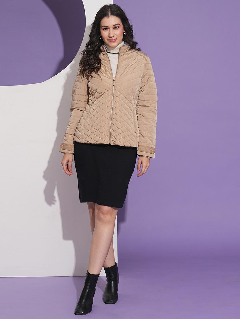 globus women beige mock neck front pockets winter wear insulator puffer jacket - 21674614 - Standard Image - 3