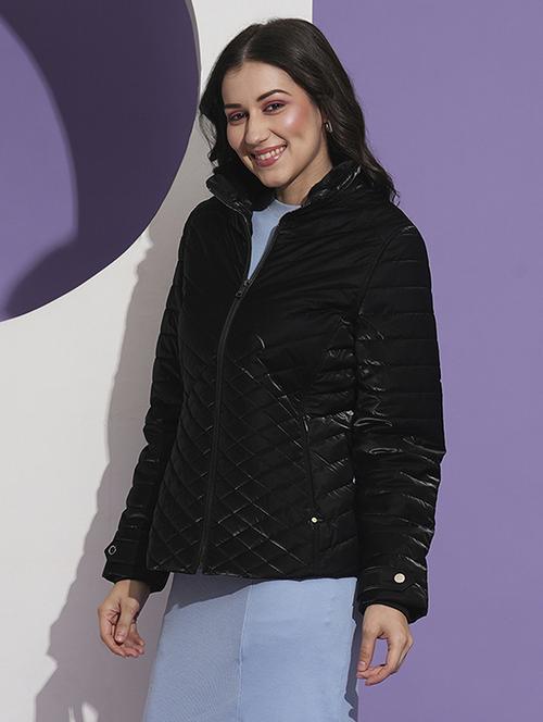 globus women black mock neck front pockets winter wear insulator puffer jacket - 21674616 - Standard Image - 0