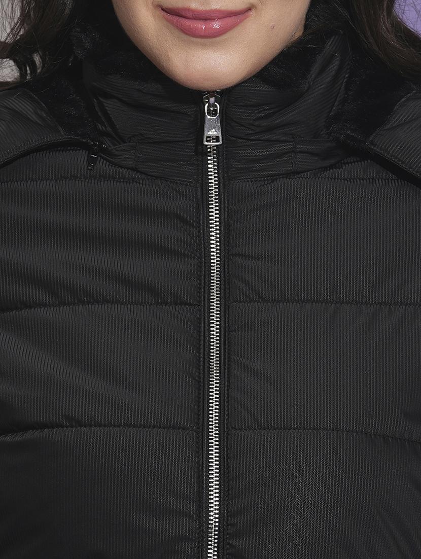 globus women black mock neck front pockets winter wear insulator puffer jacket with detachable hood - 21674618 - Standard Image - 5