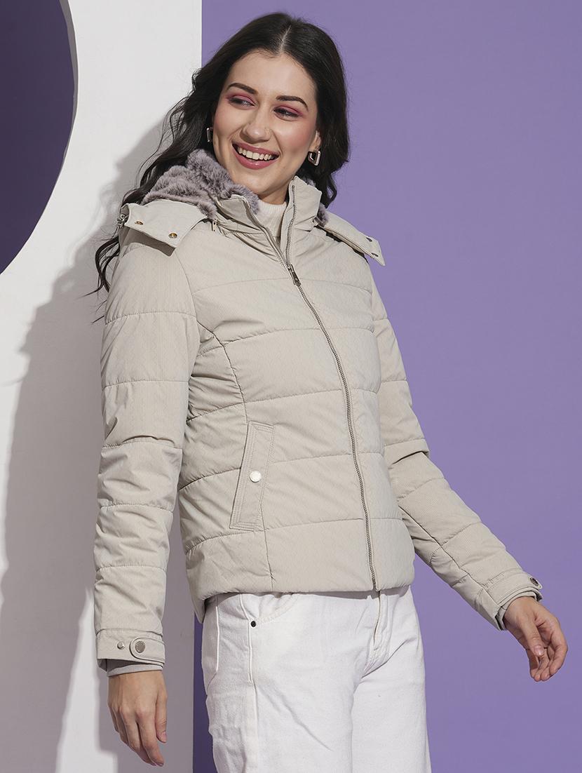 globus women off white mock neck front pockets winter wear insulator puffer jacket with detachable hood - 21674620 - Zoom Image - 0