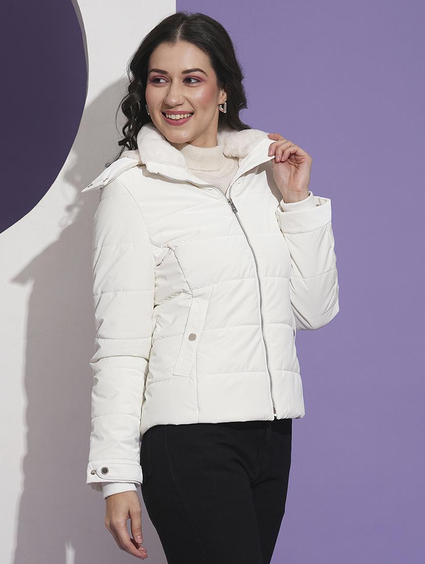 globus women white mock neck front pockets winter wear insulator puffer jacket with detachable hood - 21674622 -  Zoom Image - 0