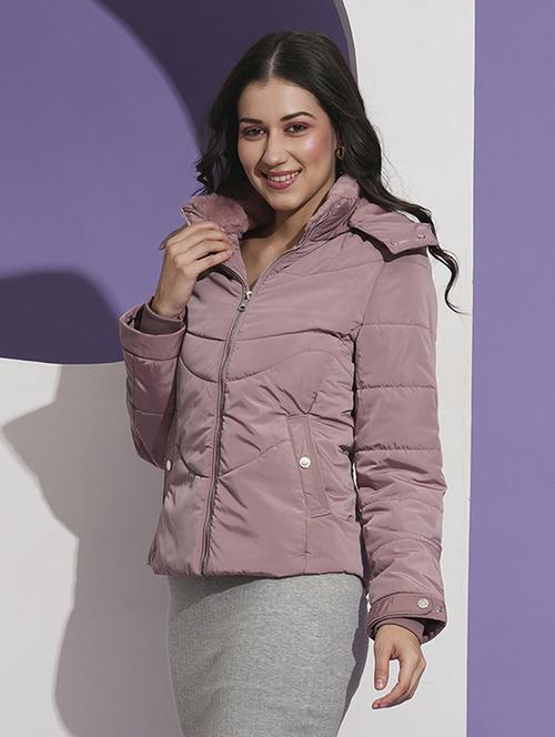 globus women pink mock neck front pockets winter wear insulator puffer jacket with detachable hood - 21674623 - Standard Image - 0