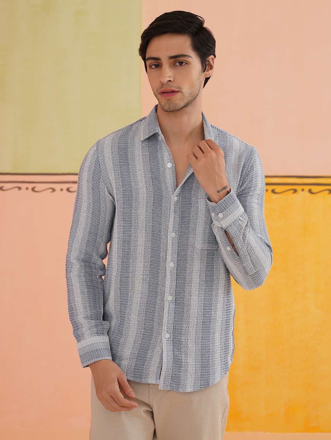 men striped long sleeve regular fit casual shirt