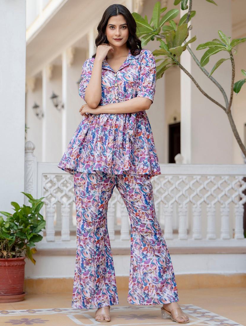women multi color printed lapel neck co-ord sets