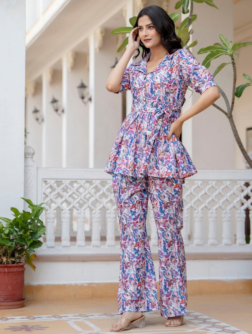 women multi color printed lapel neck co-ord sets - 21674679 - Standard Image - 3
