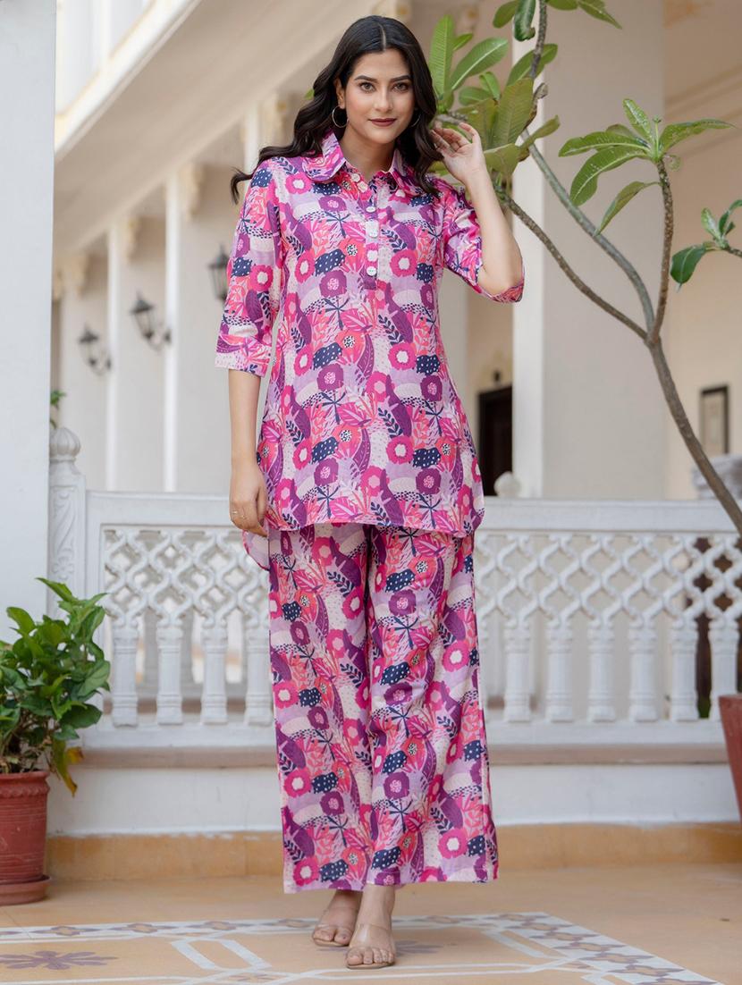 women pink floral printed shirt collar neck co-ord sets - 21674682 -  Zoom Image - 0