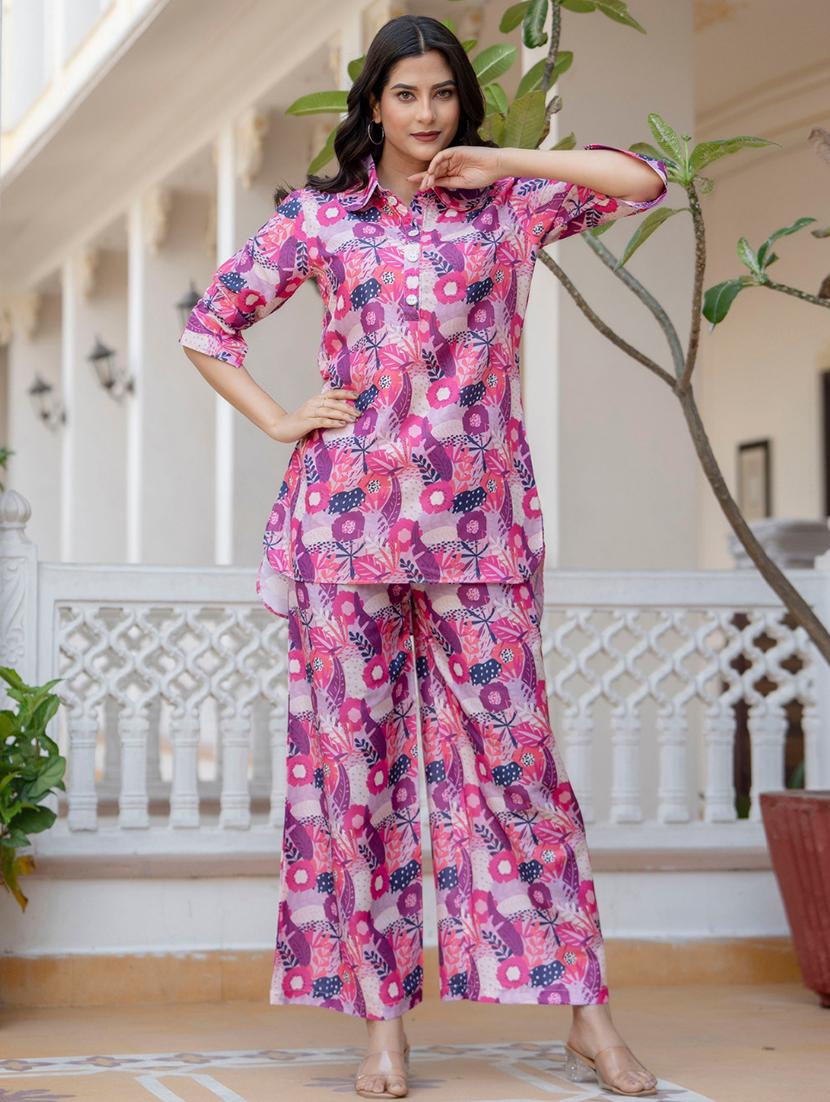 women pink floral printed shirt collar neck co-ord sets - 21674682 - Standard Image - 3