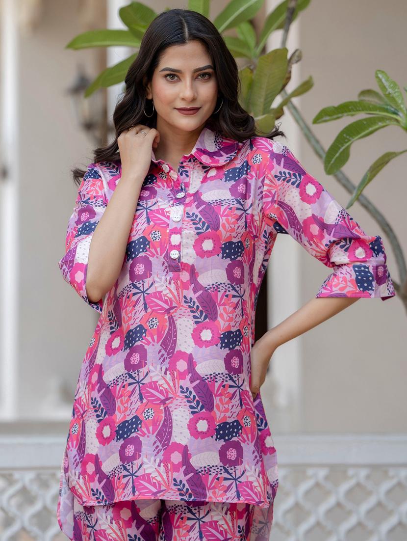 women pink floral printed shirt collar neck co-ord sets - 21674682 - Standard Image - 5