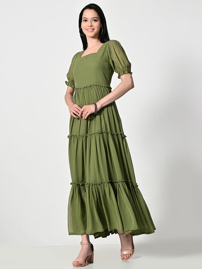 women olive solid puff sleeve tiered dress - 21675140 - Standard Image - 3