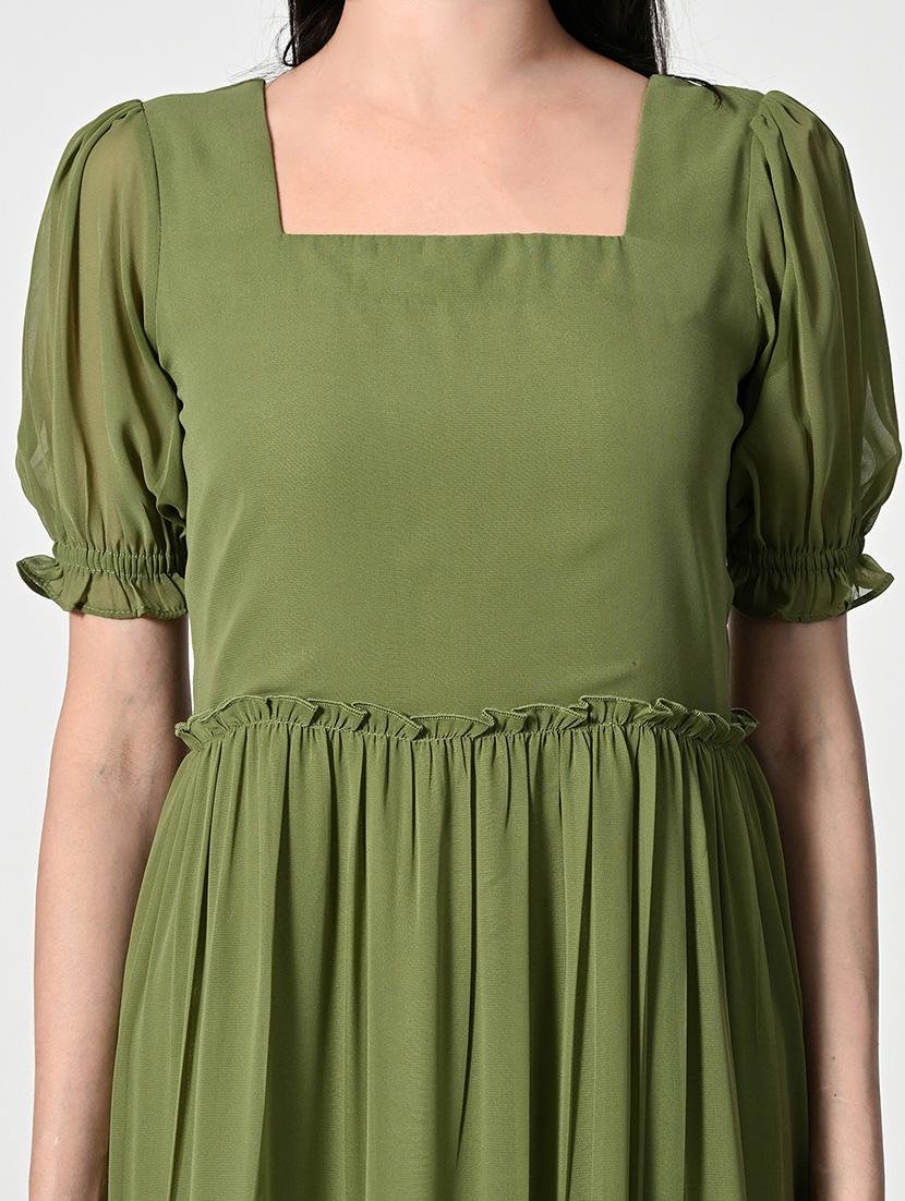 women olive solid puff sleeve tiered dress - 21675140 - Standard Image - 5