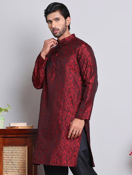 men self design mandarin neck long kurta - 21675145 - Standard Image - 0