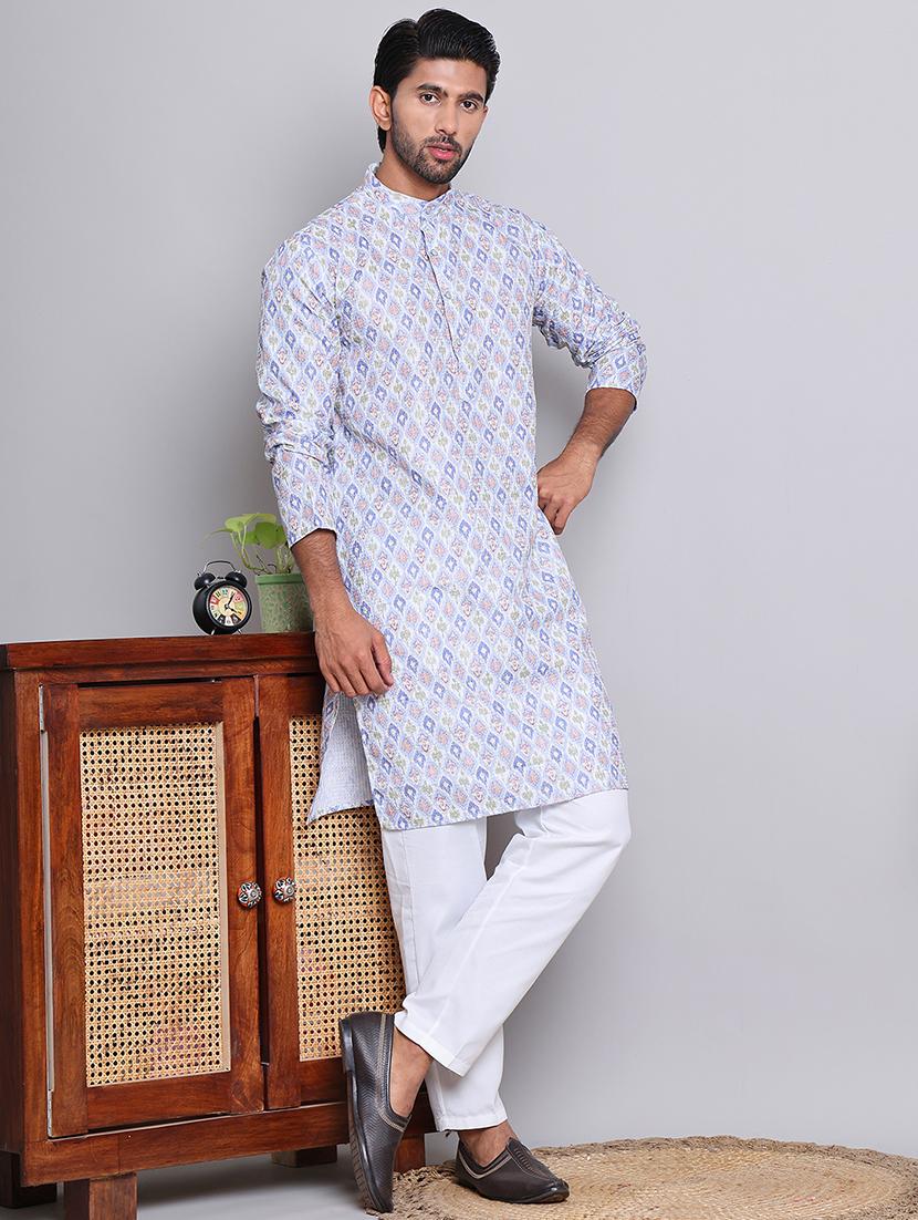 men printed mandarin neck long kurta - 21675155 - Standard Image - 3