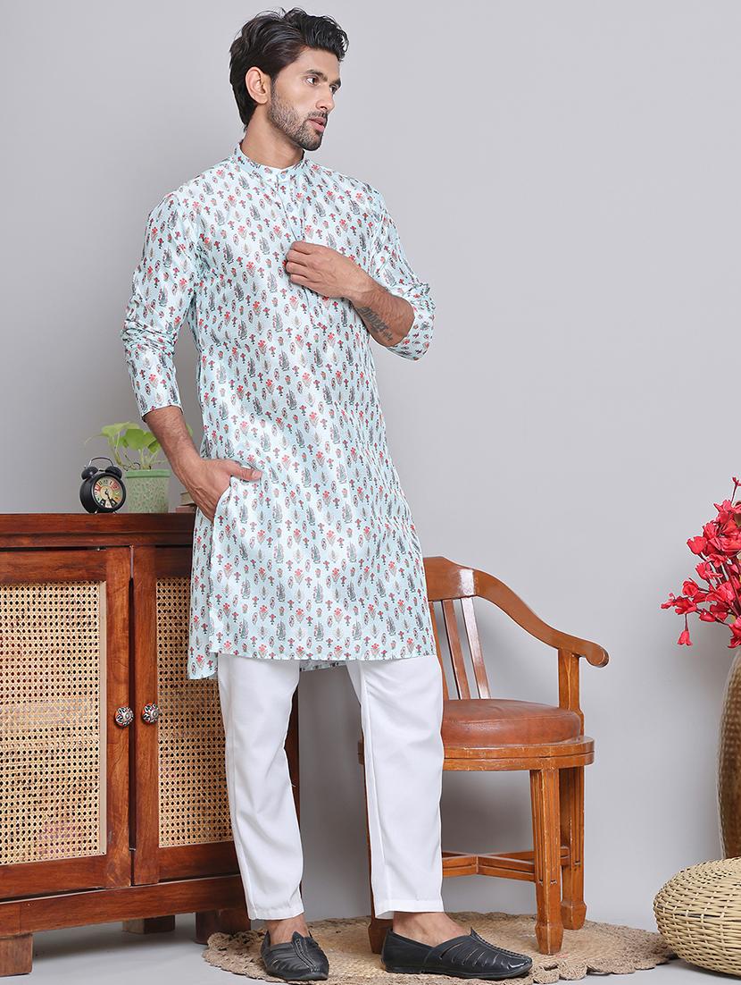 men printed mandarin neck long kurta - 21675174 - Standard Image - 3