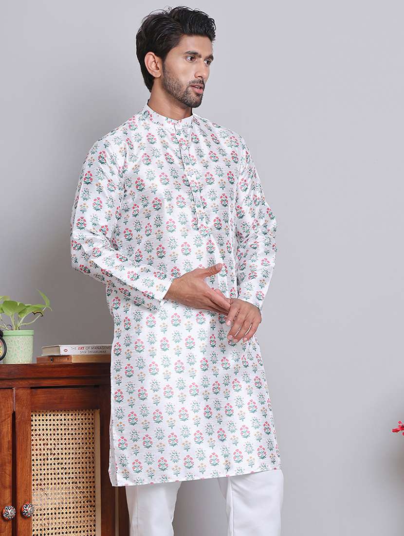 men florals mandarin neck long kurta