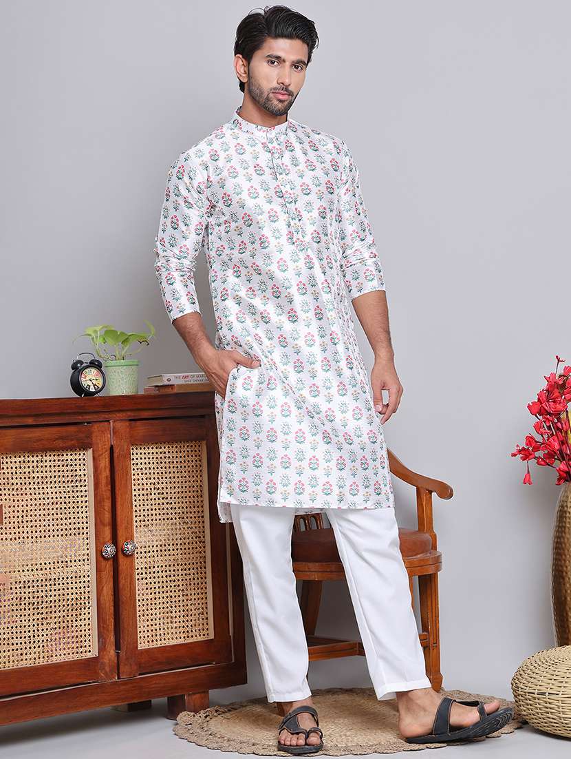 men florals mandarin neck long kurta - 21675179 -  Standard Image - 3