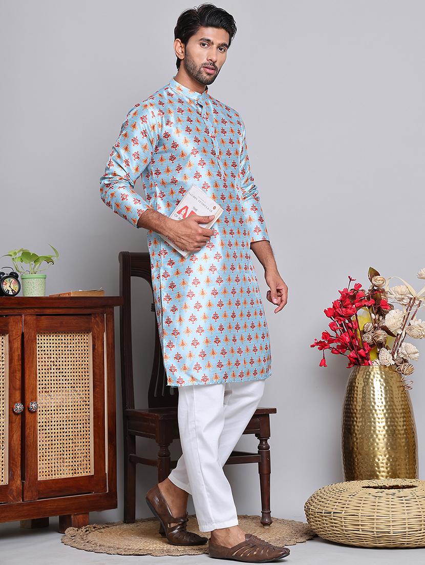 men printed mandarin neck long kurta - 21675180 - Standard Image - 3
