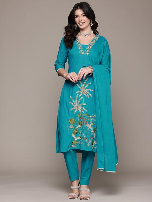 women three quarter sleeve kurta pant with dupatta set - 21675289 - Standard Image - 0