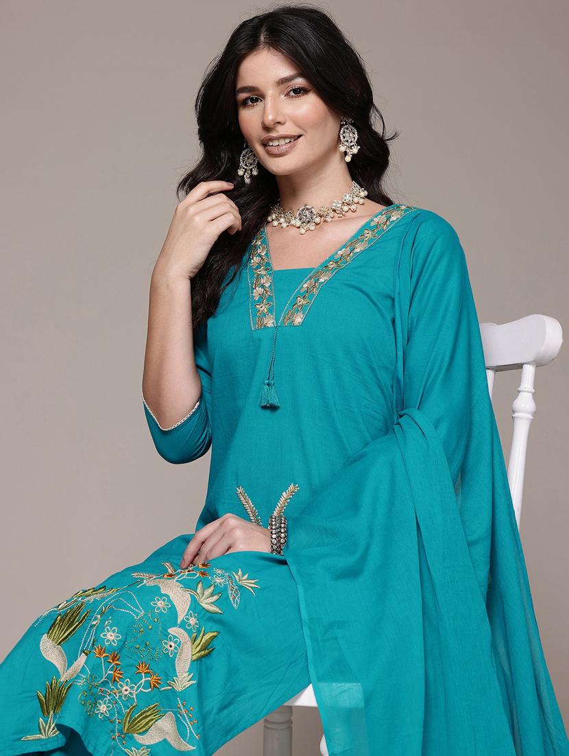 women three quarter sleeve kurta pant with dupatta set - 21675289 - Standard Image - 3