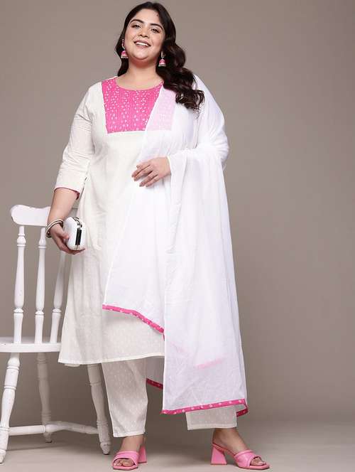 women plus size three quarter sleeve kurta pant with dupatta set - 21675348 -  Standard Image - 0