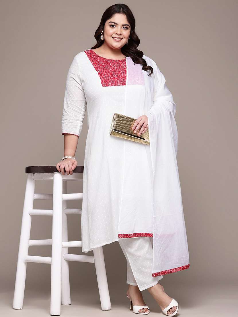 women plus size three quarter sleeve kurta pant with dupatta set
